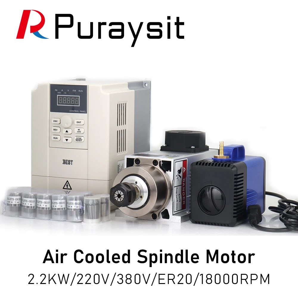 Puraysit CNC 220V 380V 2.2KW Square Air Cooling Spindle 2.2KW Air-cooled Milling Spindle+BEST VFD Inverter 2,2KW+13pcs/set ER20