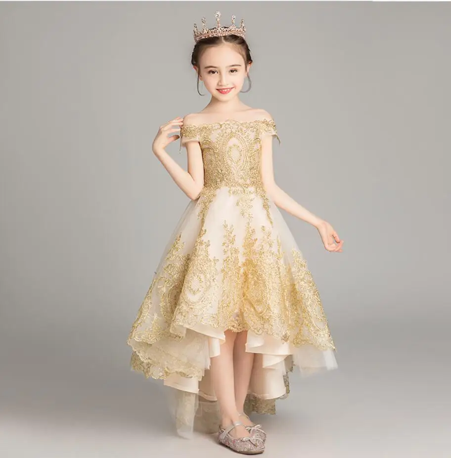 Golden Sequin Lace Girl Princess Party Dress Off Shoulder Birthday Wedding Clothes Girl Pageant Prom Dresses Flower Girl Dress