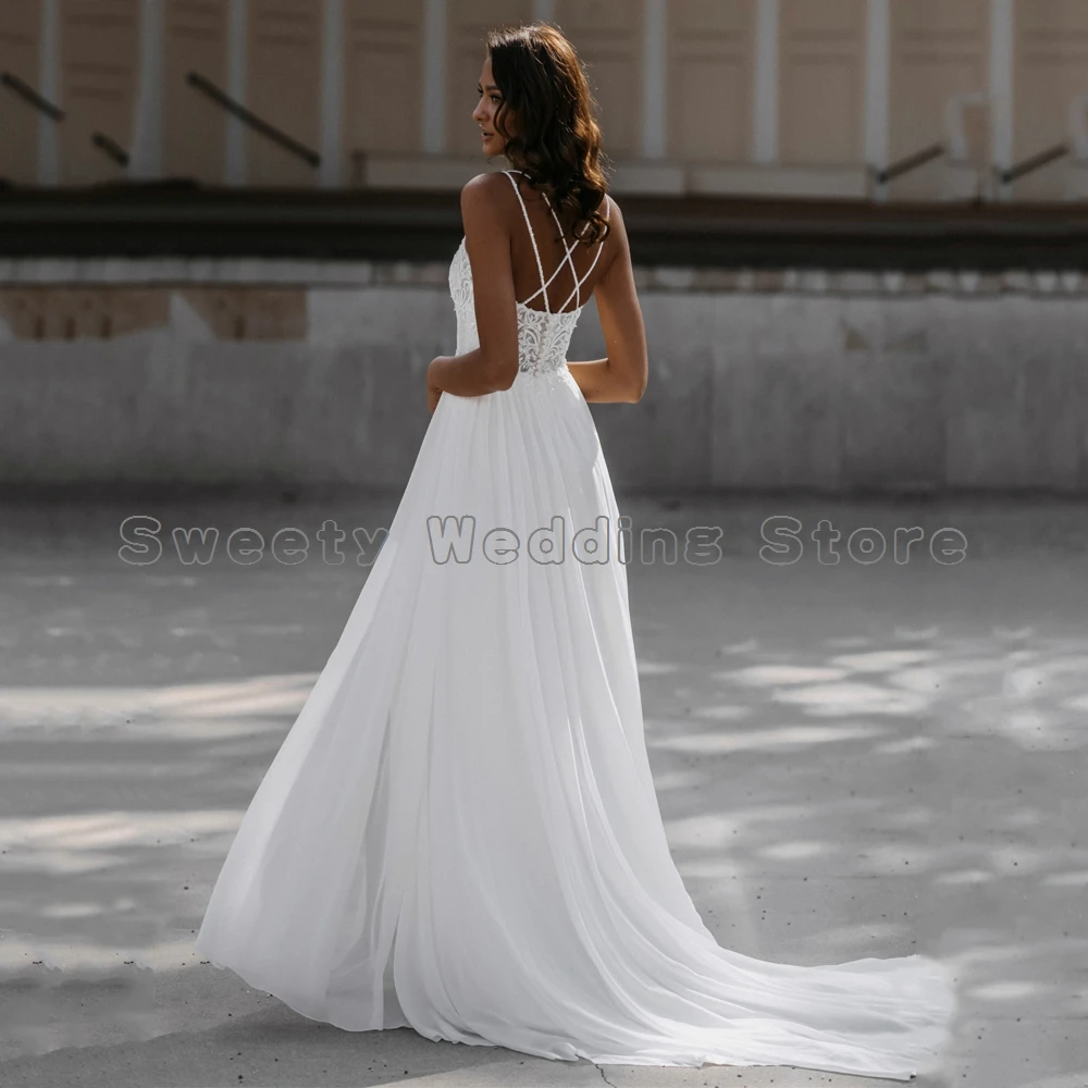 Chic Beach Wedding Dresses Customized Spaghetti Straps V Neck Sequin Lace Chiffon A Line  Gowns High Slit Bridal Dress