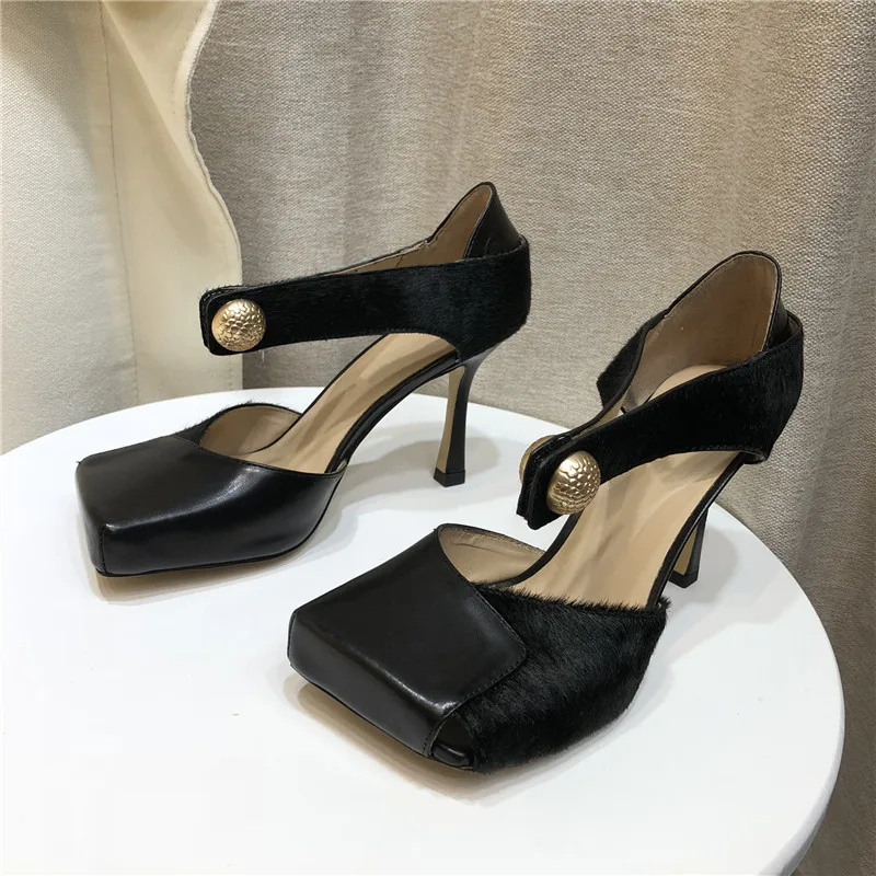 Sexy Black Women Pumps Square Toe Hollow Out High Heel Shoes Ladies Mary Janes Summer Sandals Patchwork Horsehair Stiletto