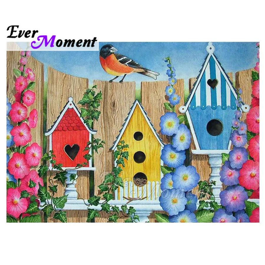 Ever Moment Diamond Painting Girl Colorful House Fence Picture Of Rhinestone Mosaic Full Square Drill Diamond Embroidery ASF1891