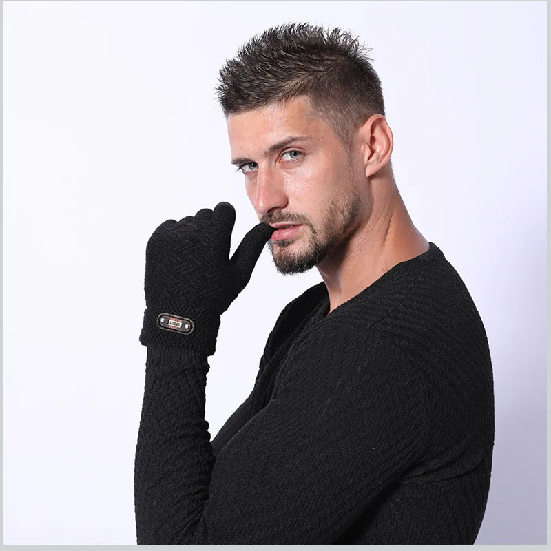 Fashion Winter Acrylic Wool Plus Plush Thick Jacquard Knit Warm Half Finger Mittens Men Full Finger Touch Screen Gloves C2