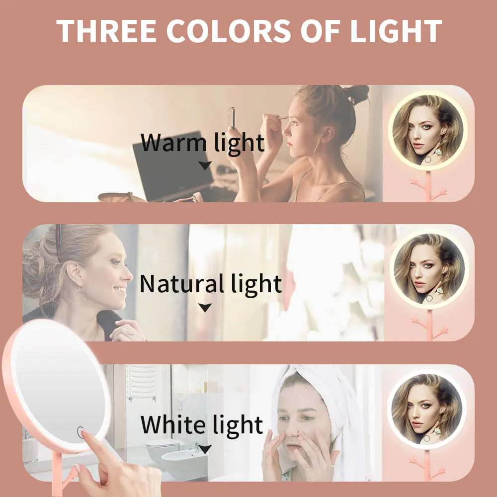 LED Makeup Mirror With Light Ladies Storage Makeup Lamp Desktop Vanity Mirror Round Shape Cosmetic Mirrors Women Christmas Gifts