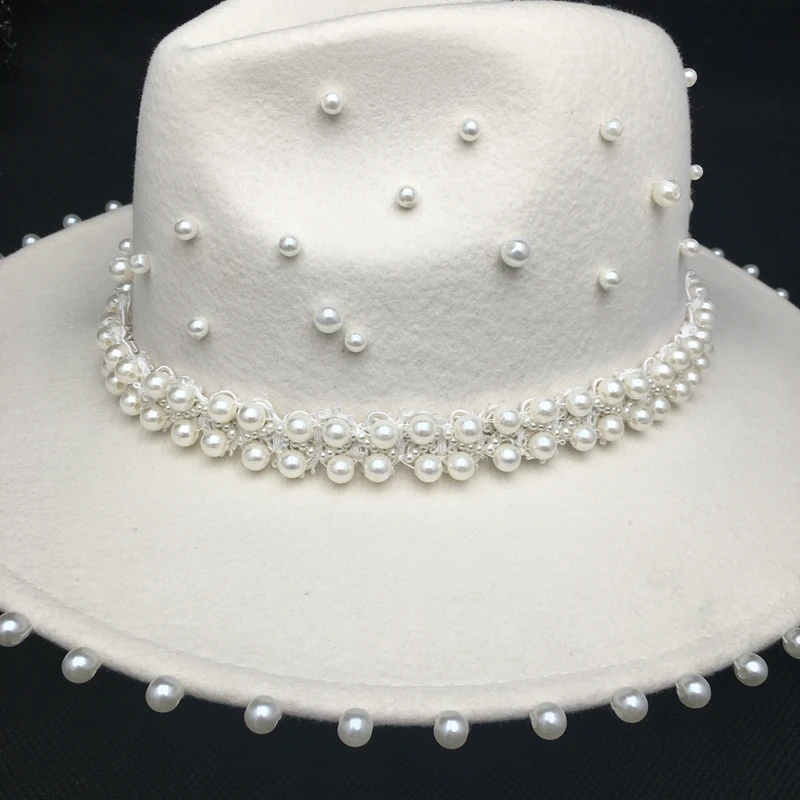 Fedora panama Autumn winter white wool women\'s hat with many Pearls ladies caps hand-made fashion French style