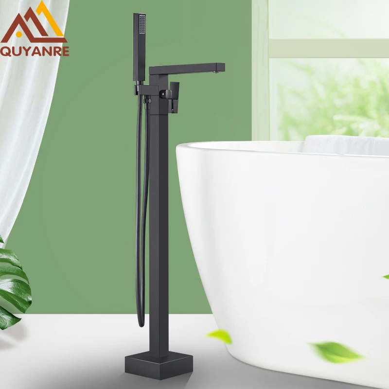 Black Square Bathtub Shower Faucets Floor Standing Faucet Hot Cold Water Shower Mixer Tap Bathroom Waterfall Mixer