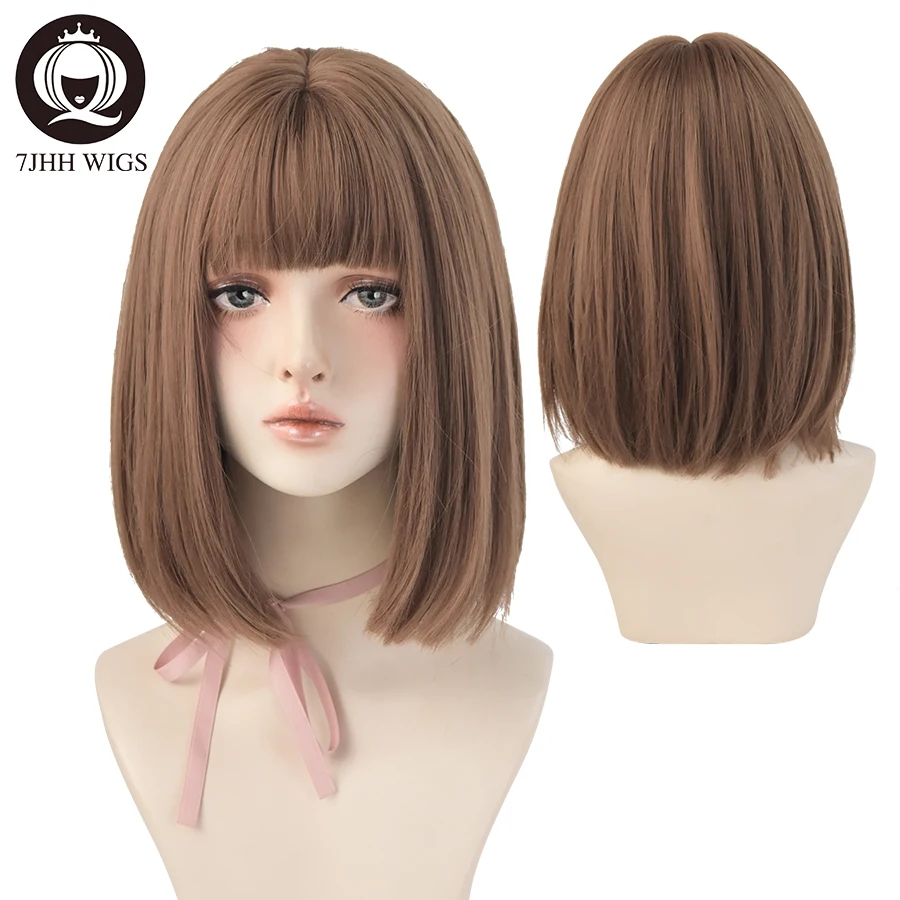 Wig 7JHH Wig Bob Pendek Hitam untuk Anak Perempuan Wig Sintetis Pakaian Sehari-hari Wig Tahan Panas Musim Panas Lentur Alami Gaya Baru dengan Poni