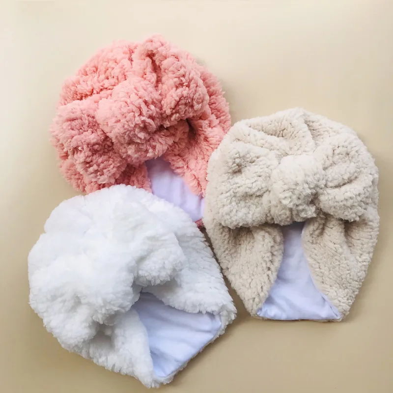 Cute Newborn Baby Hats Knot Turban Teddy Fabric Thick Ear Warmer Infant Indian Hat for Boys Girls Soft Hat Beanies 2021 Winter