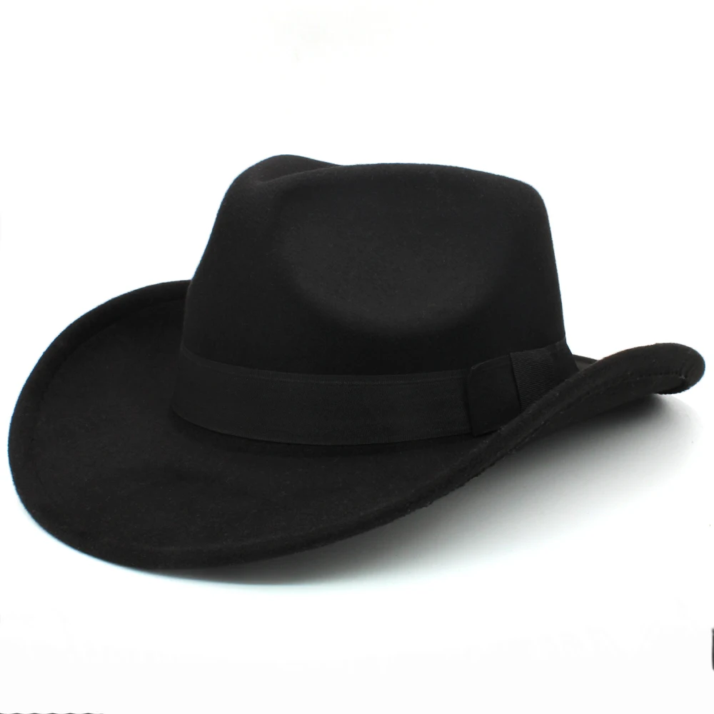 Men Women Wool Western Cowboy Hats Wide Brim Panama Caps Outdoor Sombrero Travel Fedora Sunbonnet Party Adjustable Size M-L