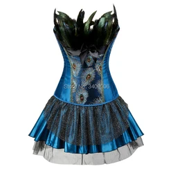 Caudatus Corsets Bustiers Peacock Embroidery Princess Costumes Burlesque Overbust Corsets Dresses with Skirt Feather Plus Size