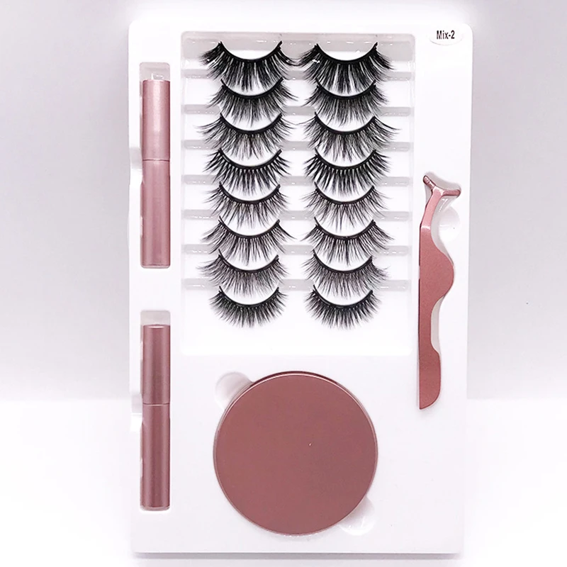 Magnetic iron stone false eyelashes, liquid eyeliner set with round box and tweezers free of glue