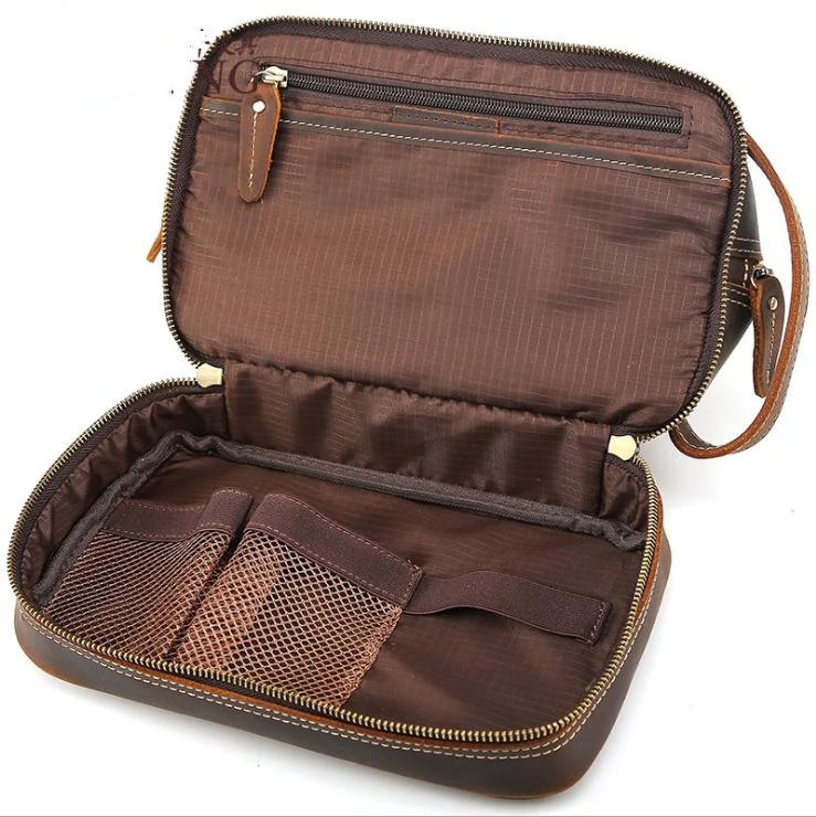 Newsoptics-Pochette en cuir véritable pour homme, trousse de toilette, sac de rangement, trousse de maquillage