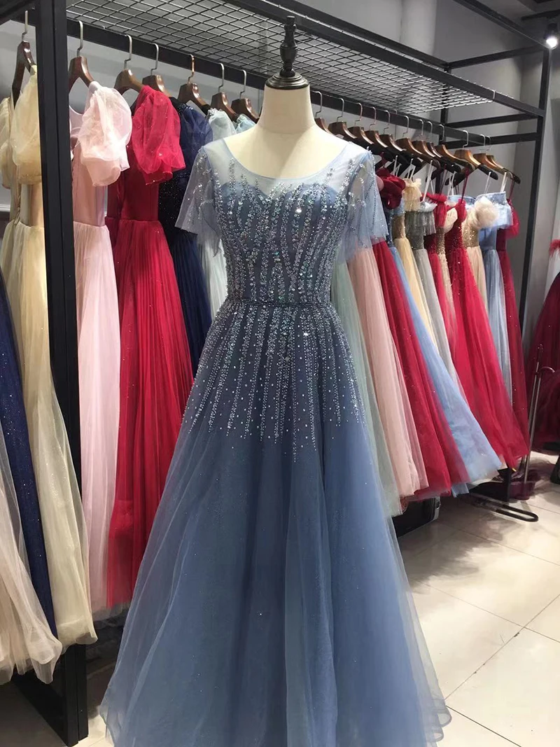 Customized   Evening Dress for Women Real Picture Scoop Neck Sequins Beading A-line Glittering Long Prom Formal Gown Vestidos