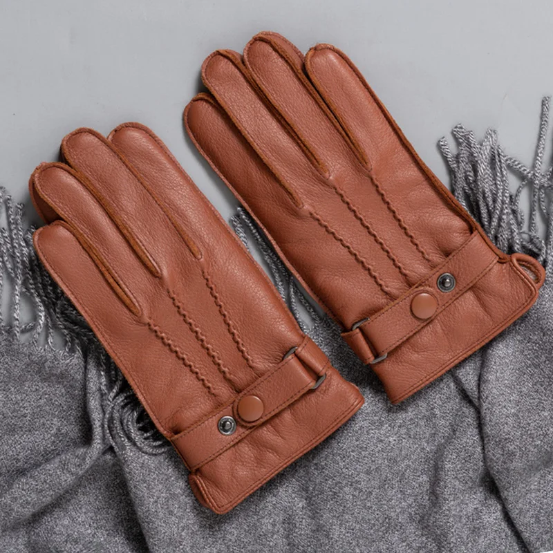 New Fashion Mens Leather Gloves Button Wrist Solid Genuine Leather Male Driving Gloves Winter Warm Gloves Man Mittens