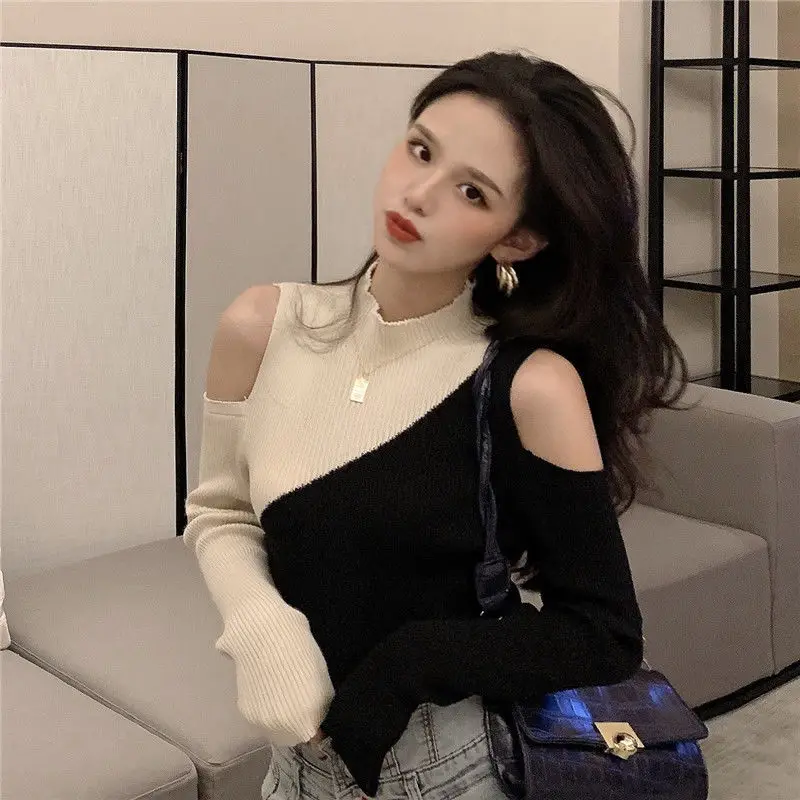 Woman Sweaters Women\'s Knitwear 2024 Autumn Sweater Slim-Fit Contrast Colors off-the-Shoulder Top Femme Chandails Pull Hiver