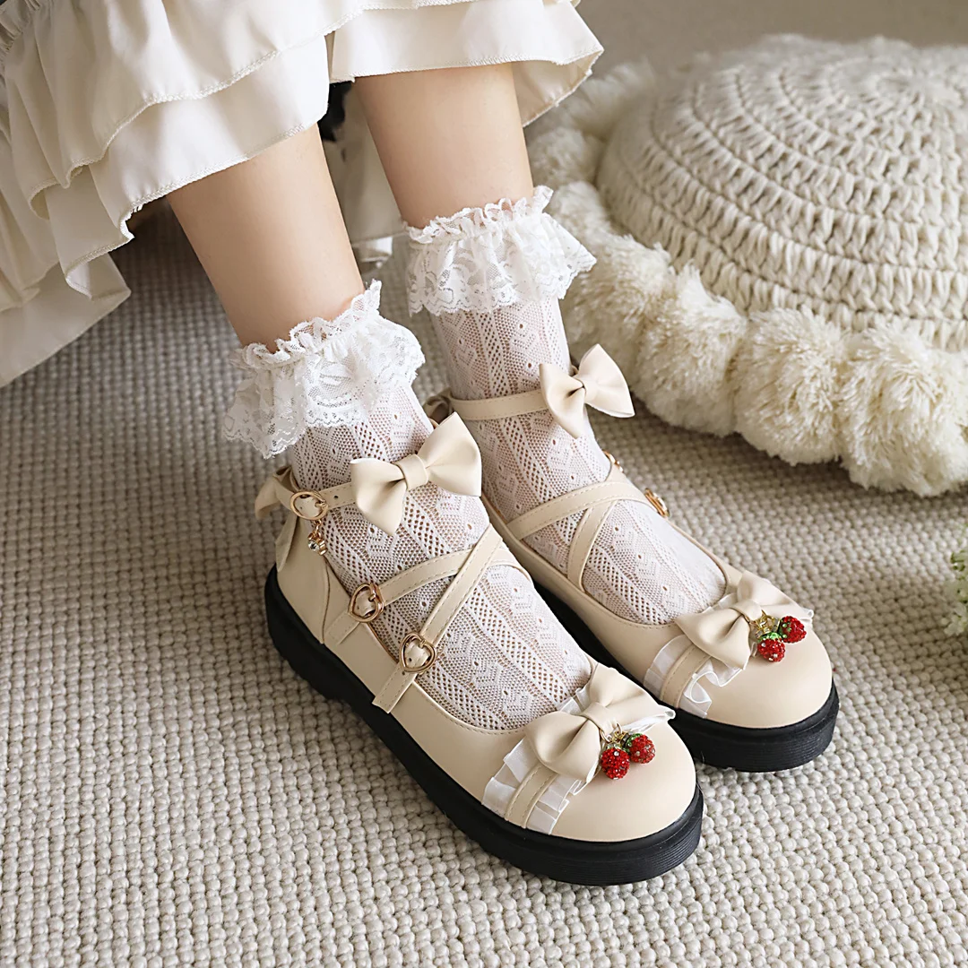 Spring Autumn Girls Sweet Lolita Mary Jane Shoes Bow Buckle Strap Vintage Students Cosplay Castle Princess Lace Low Heel Pumps