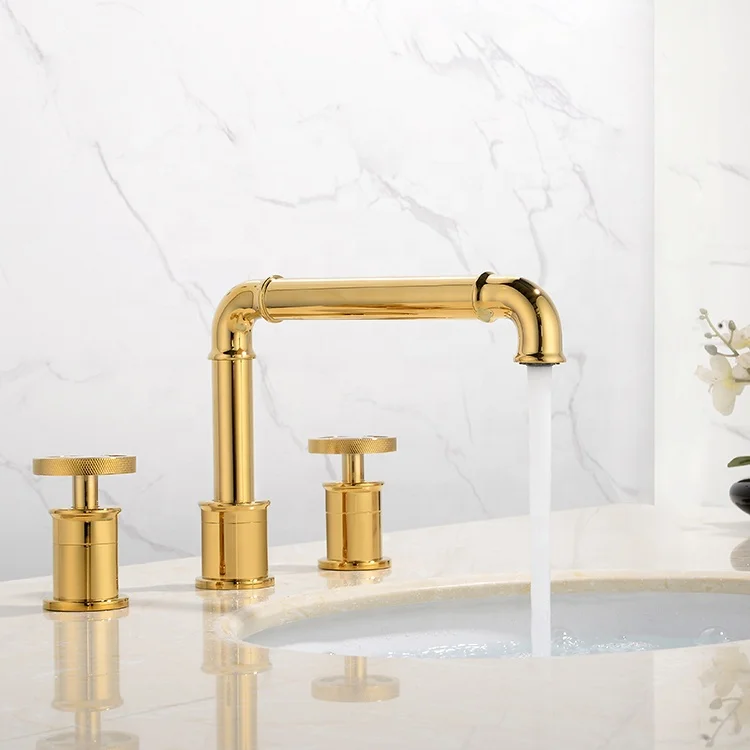 Industrial style GOLD/BLACK Brass bathroom sink faucet copper Three holes Two handles Basin mixer faucet cold hot water Handmade