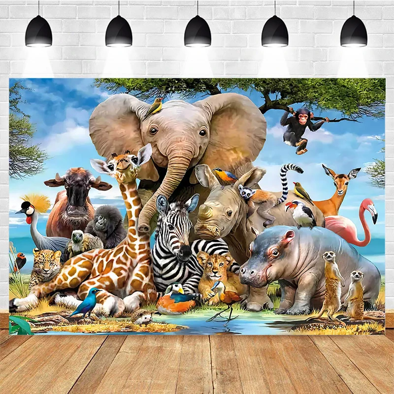 Mocsicka Birthday Party Photography Background Tropical Jungle Wild Animal Decoration Props Child Portrait Photo Backdrop Banner