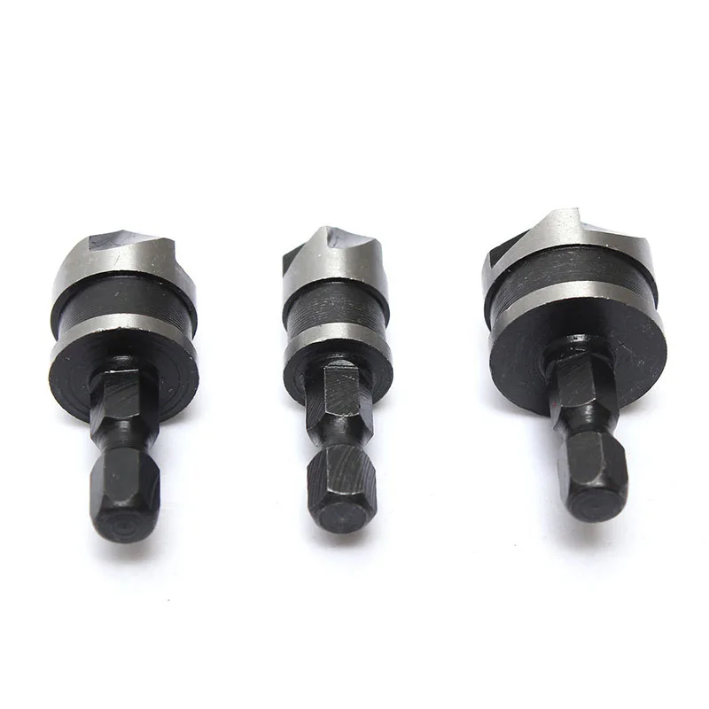 Industrial Countersink Boreชุด1/4 "Hex Shankไม้พลาสติกเครื่องมือเจาะชุดไม้บิตเจาะChamfer 3Pcs 12mm 16Mm 19Mm