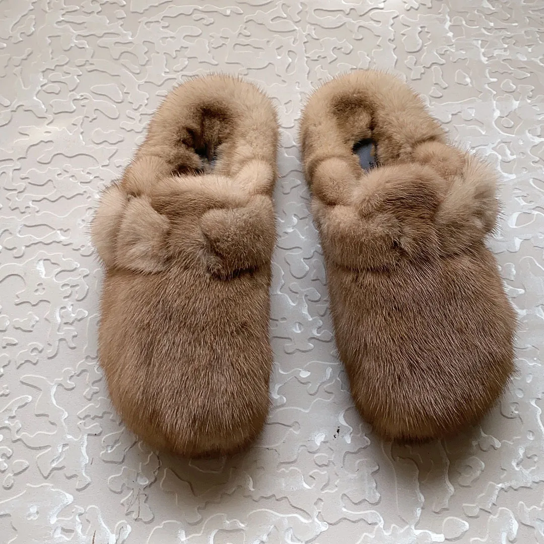 Luxuriöse, bequeme Damen-Slipper aus Naturfell, flache Schuhe, Plüsch-Mules, Sandalen, flauschige Hausschuhe aus echtem Nerzfell für Damen – Detail 1