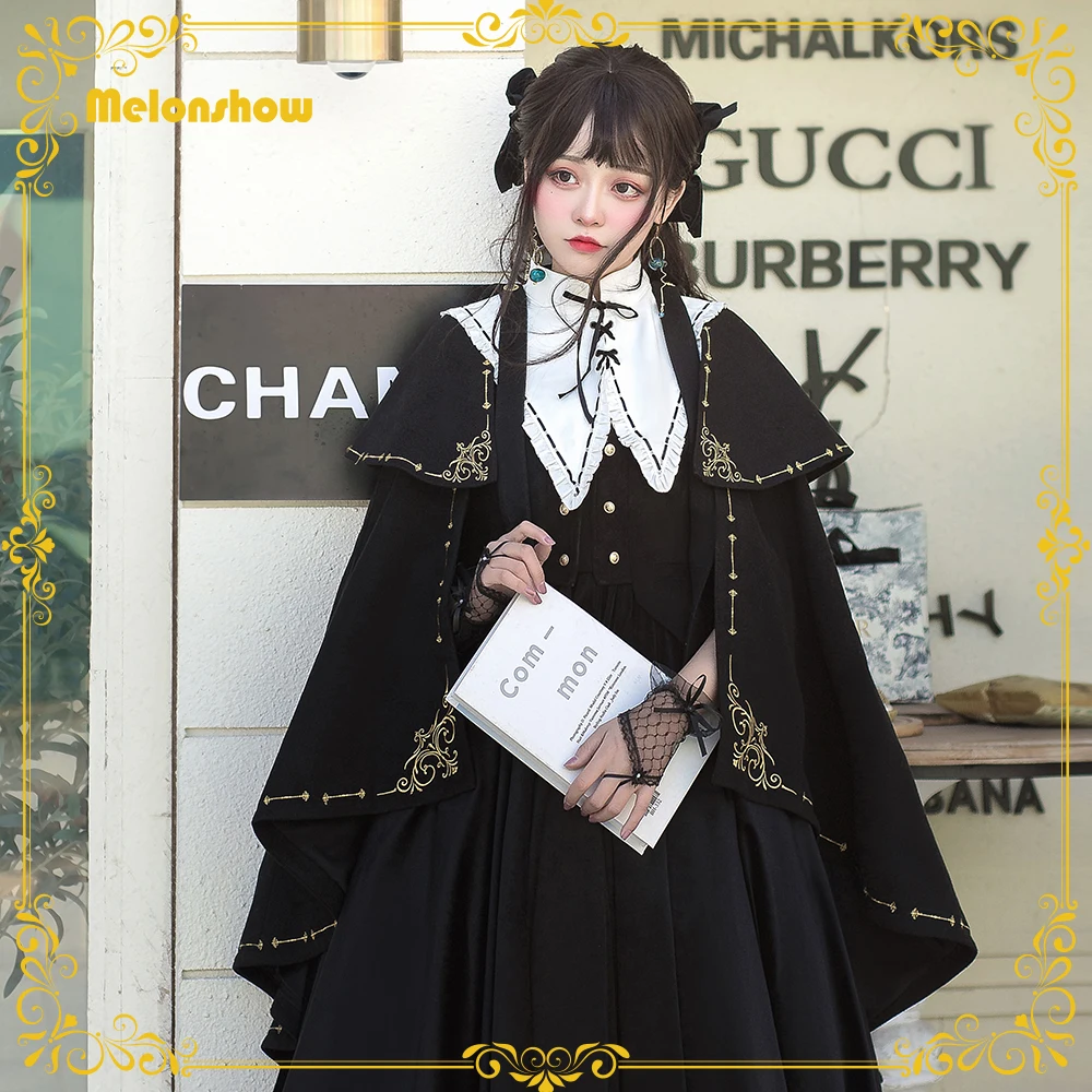 Melonshow Gothic Lolita Cape Women Cloak Black Victorian Dress Outerwear Ladies Winter Cape Coat Girls