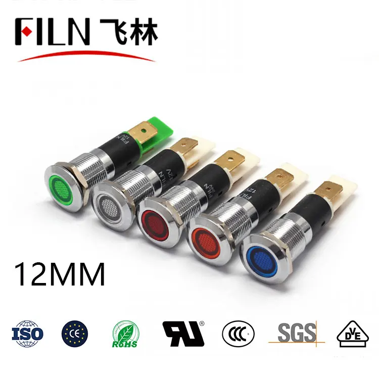 FILN Flat head 12mm 110v 24v 36v indicator light  high quality red amber 12v metal led pilot lamp