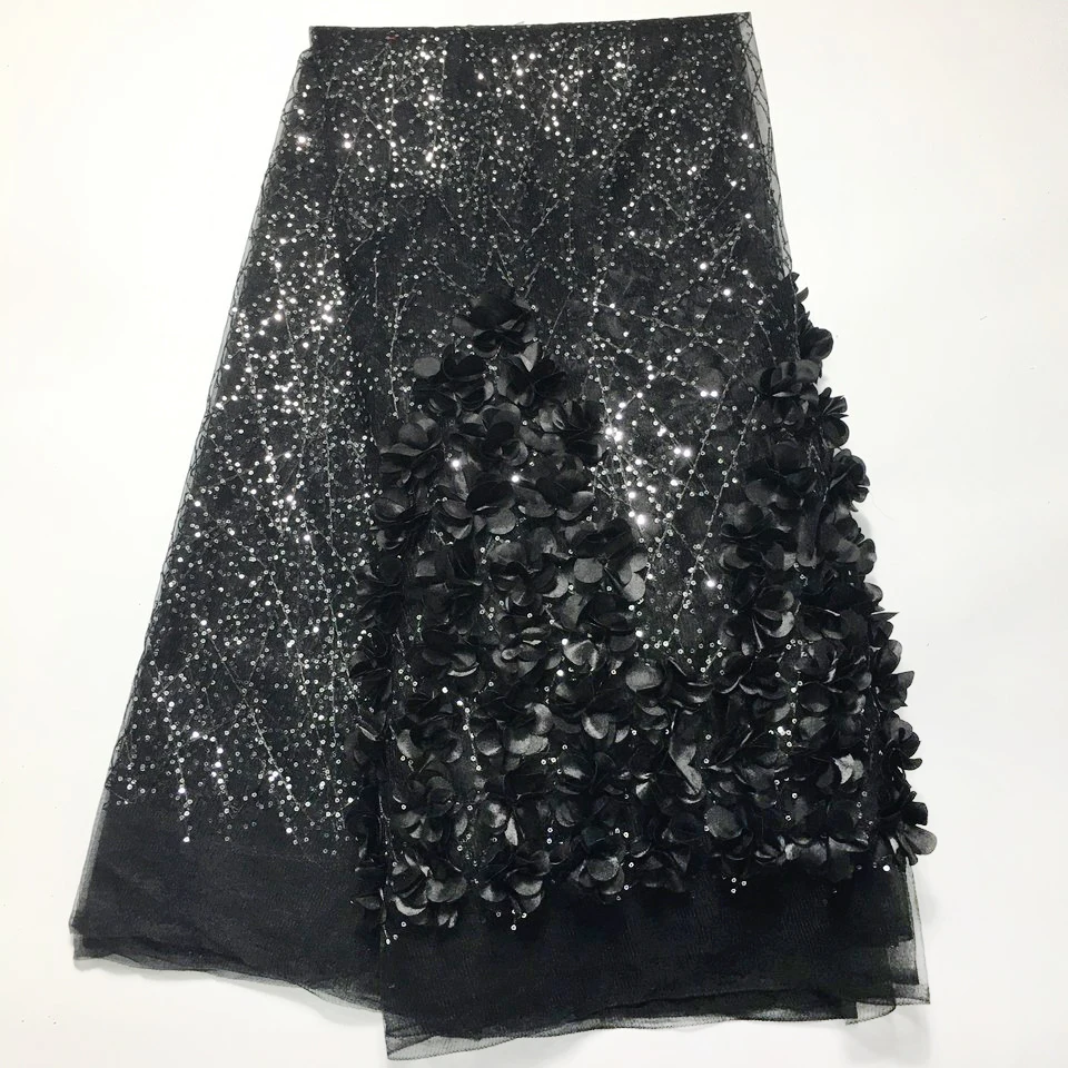 Latest Black African Lace Fabric 2021 High Quality Lace French Tulle 3d Lace Fabric With Sequins Nigerian Party Dress M45223