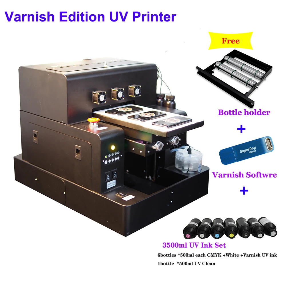 Varnish Edition automatic A4 UV Printer with 3500ml UV ink set For bottle phone case Cylinder wood glass printing