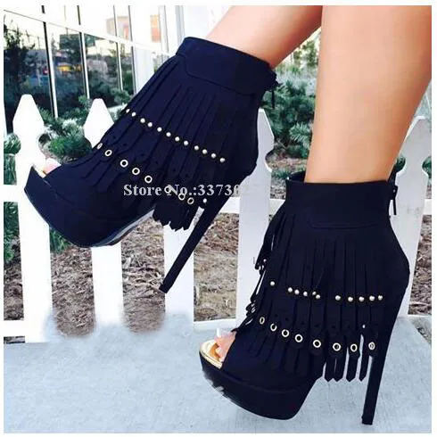 

Sexy New Fringe Tassels Women Platform Sandals Fashion Peep Toe Black Suede Stiletto Heel Gladiator Sandals Ankle Boots Lady