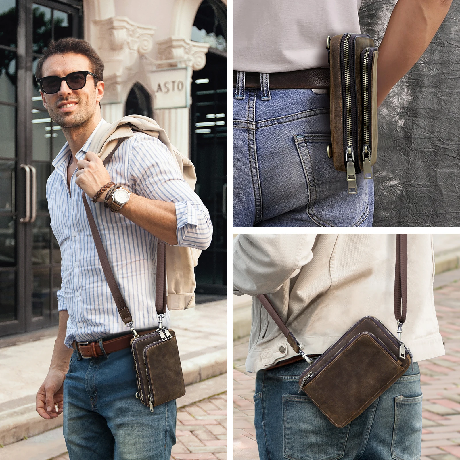 Retro Genuine Leather men Waist Bag Cowhide Casual Design Hook Bum Bag Shoulder Belt Messenger Bag back pack Phone Pouch