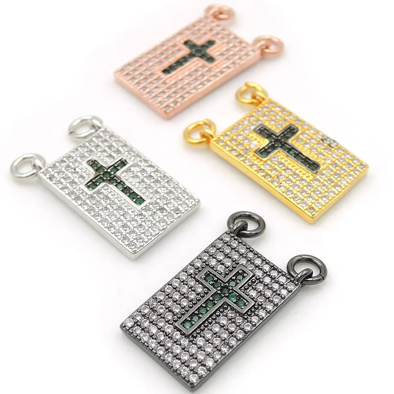 

18*12*2mm Micro Pave Clear&Green CZ Cross Relief Rectangle Charm Of Double Circles Fit For Women As Necklaces Accessory