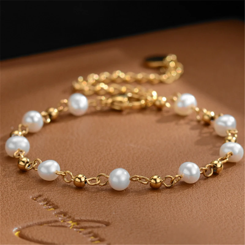 Titanium Steel Gold-Plated Bracelet Bead Chain Choker White Pearl Necklace for Women Charm Handmade Party Jewelry Drop Shipping