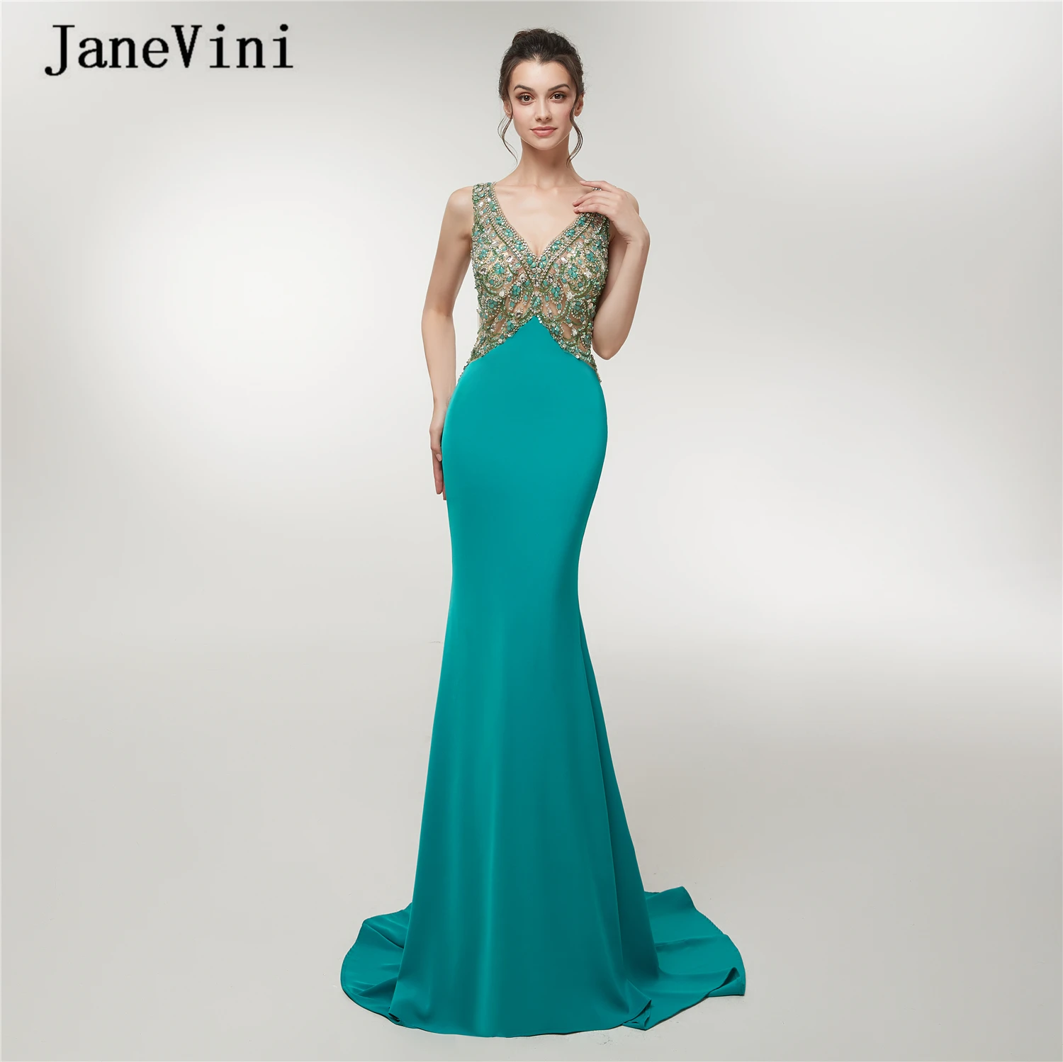 

JaneVini Luxury Crystal Dubai Satin Long Prom Dresses Deep V Neck Bling Beaded Sleeveless Mermaid Party Gowns Vestido Largo Gala