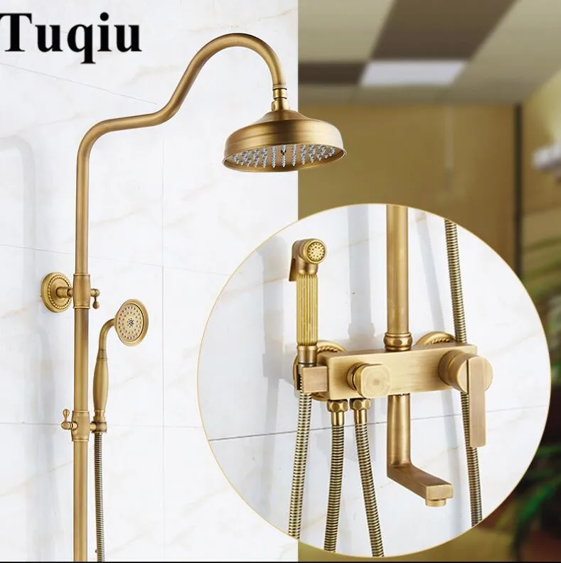 

Vidric Shower Faucets Antique Brass Shower Set Faucet Tub Mixer Tap Hand held Shower Wall Mounted Rainfall Bath Crane Shower