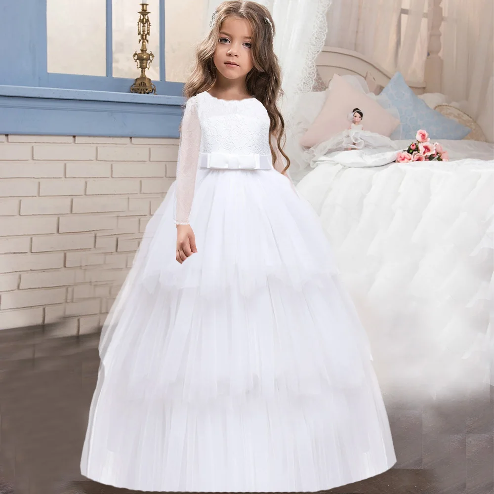 Christmas Kids Pink White Bridesmaid Dress Girls Children Costume Long Sleeve Princess Vestido Flower Party Gown Evening