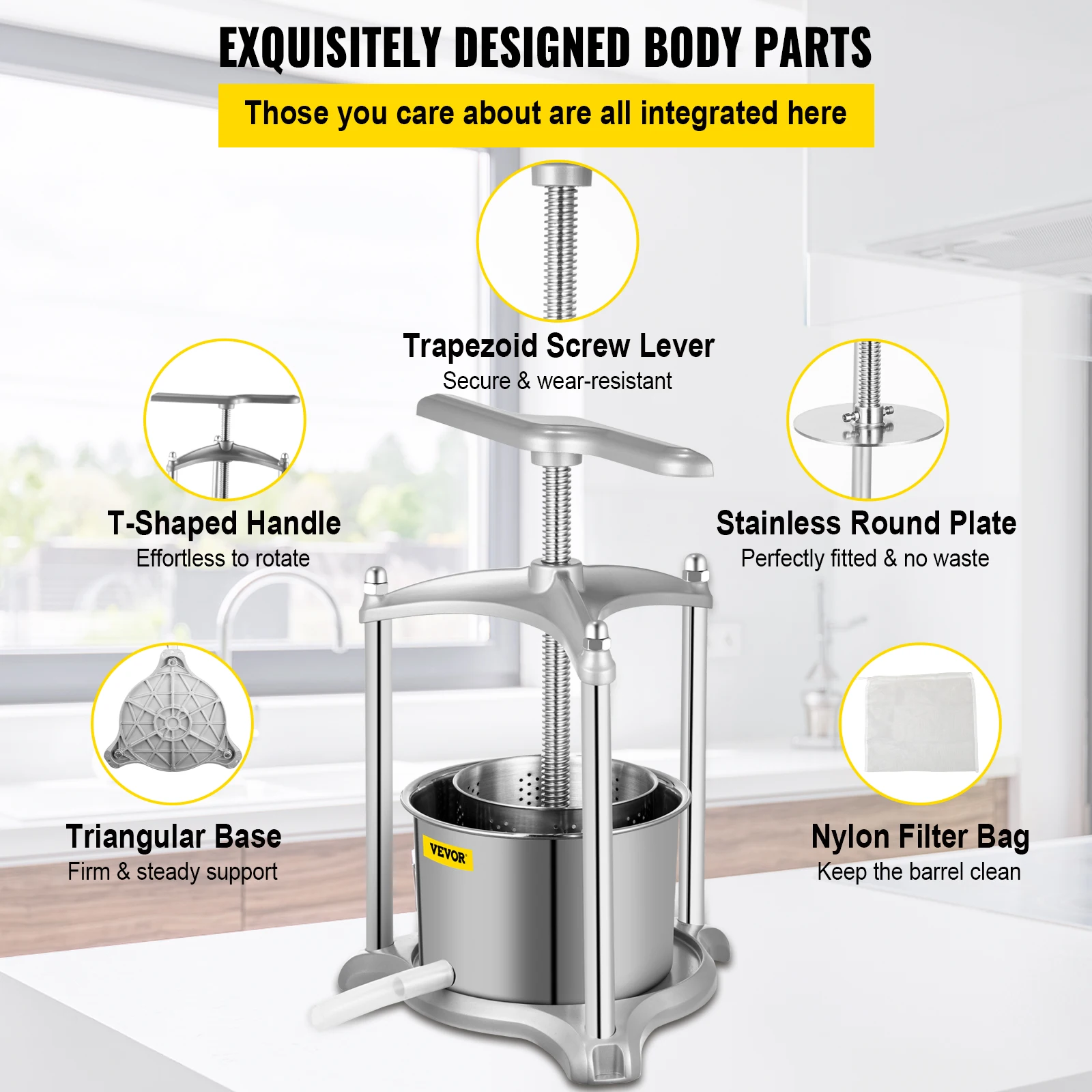 VEVOR 수동 과일 와인 프레스 스테인레스 스틸, 가정용 수동 압착기, 사이다 야채 팅크 프레스, 주방 기계, 3L, 6L
