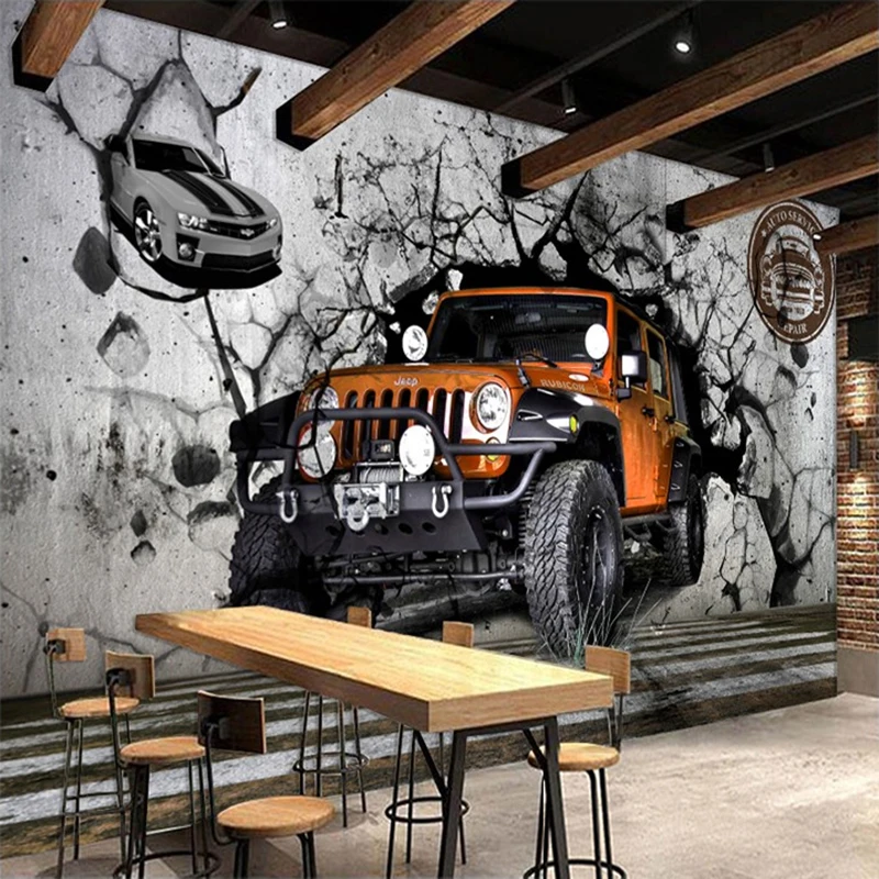 Custom Photo Car Broken Wall 3D Personality Poster Mural Wallpaper Cafe Restaurant KTV Living Room Background Retro Wall Murals