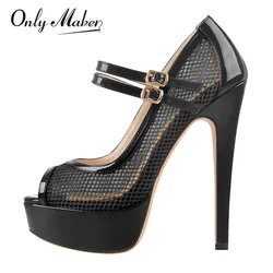 Onlymaker kobiety Peep Toe na platformie siateczkowe czółenka buty sandały cienki wysoki obcas imprezowe na czerwonym czarnym buty w dużych rozmiarach