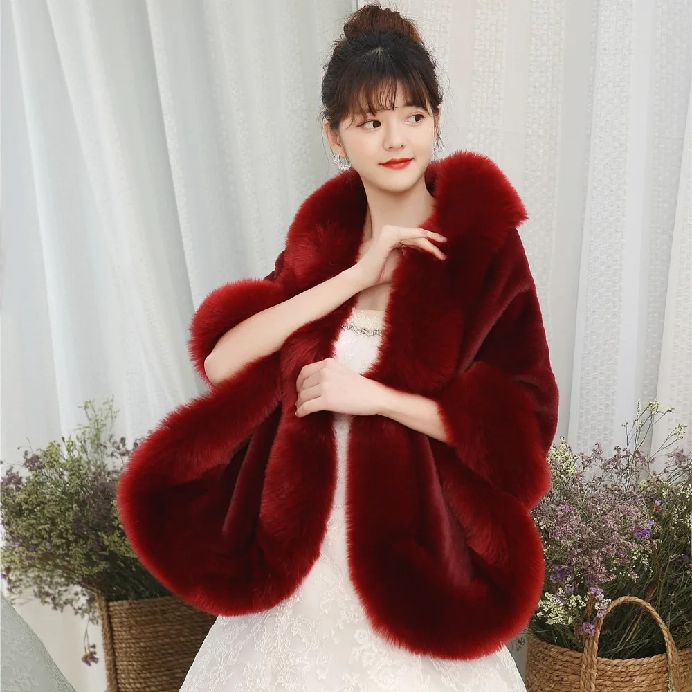 JaneVini Elegant Burgundy Wedding Jacket Furry Bridal Faux Fur Shawl Wrap Winter Bolero Cloak Women Evening Party Stole In Stock