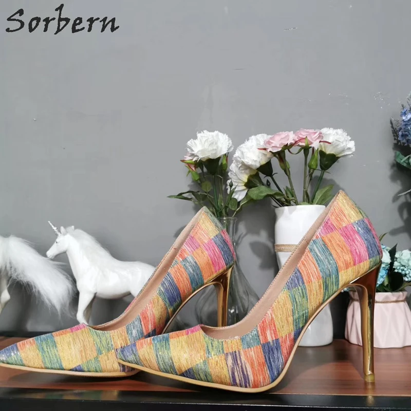 Sorbern Colored Strips Women Pumps Pointy Toe Slip On Shoes Pointed Toe Women Heels Mature Fetish Heels Plus Size Female Shoes