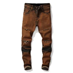 New Fashion Ripped Men's Jeans Brown Stretch Slim Fit Destroyed Broken Holes Denim Pants Casual Biker Male Hip Hop Punk Trousers
