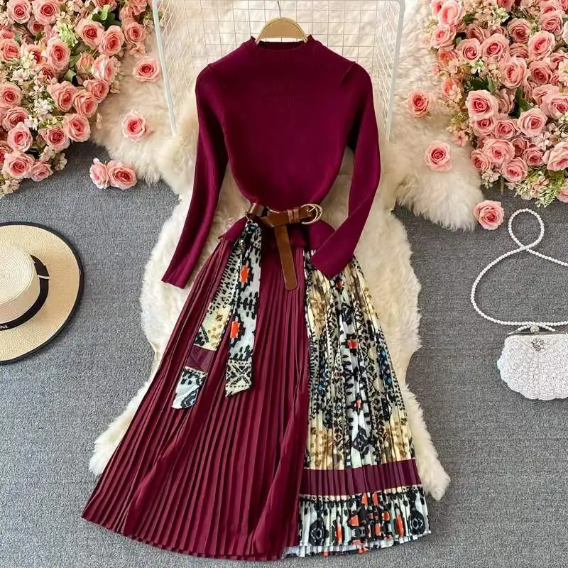 Banulin 2024 autunno inverno moda pista Vintage elastico vestito lavorato a maglia donna manica lunga Patchwork pieghettato abito longuette con
