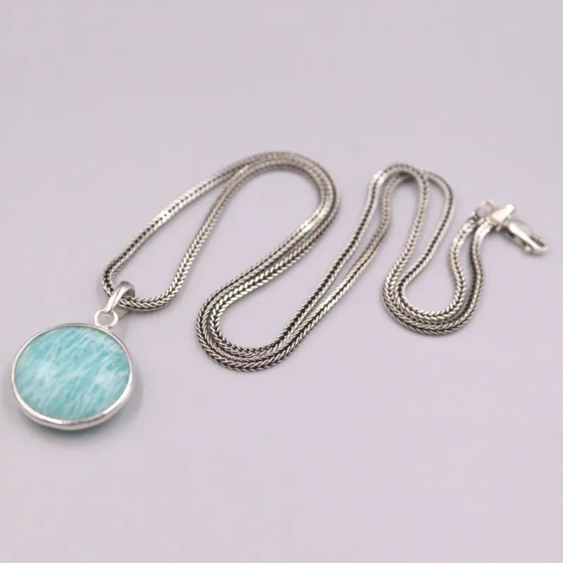 Real Silver 925 Pendant Round Amazonite For Women Female Girl Wheat Chain Gift