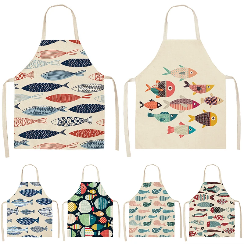 1Pcs Cartoon Fish Pattern Cleaning Colorful Aprons Home Cooking Kitchen Apron Cook Wear Cotton Linen Adult Bibs 53*65cmWQL0020