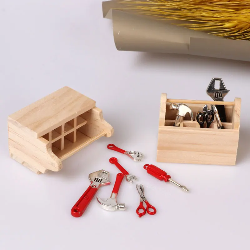 1/12 Mini Repair Tools Hammer Wrench Wooden Toolbox Doll Furniture Model for Miniature Dollhouse Accessoreis Boy Play Tool Games