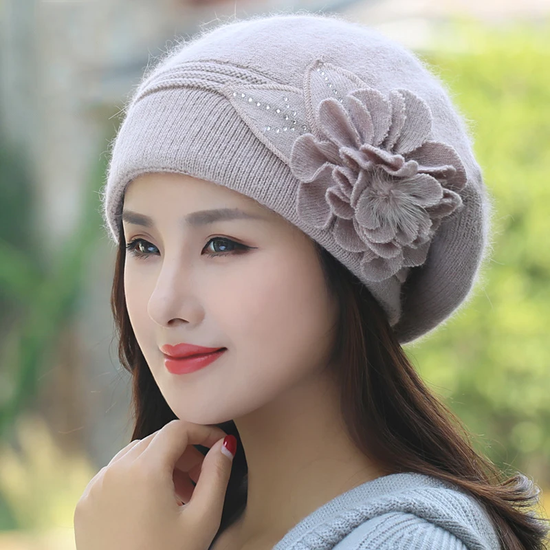 Beret Women Winter Hat Angora Knit Beanie Warm Autumn Flower Double Layers Skiing Outdoor Accessory For Female Headwear