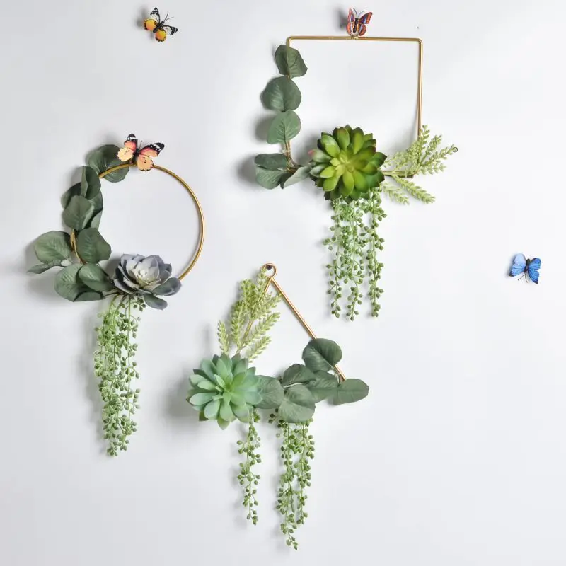 Fleshy Iron Wreath Nordic Minimalist Artificial Plant Garland Wall Pendant Wedding Aerial Hanging Garland Flowers Decor