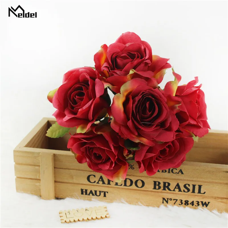 Buquê com 6 flores de rosas brancas, 1 buquê, flores pequenas, buquê de rosas de seda para casamento, decoração para dama de honra