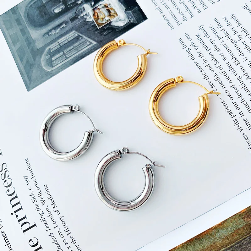 YUN RUO European Vintage Circle Hoop Earring Clip Woman 18 K Gold Color Titanium Stainless Steel Jewelry Not Fade Hypoallergenic