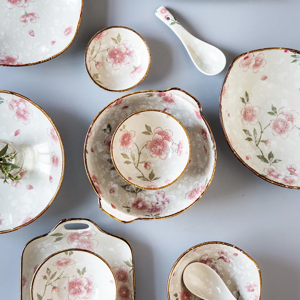 Rice Salad Soup Bowl Steak Plate Serving Baking Dish Japanese Cherry Blossom Hand-Painted Ceramic Tableware