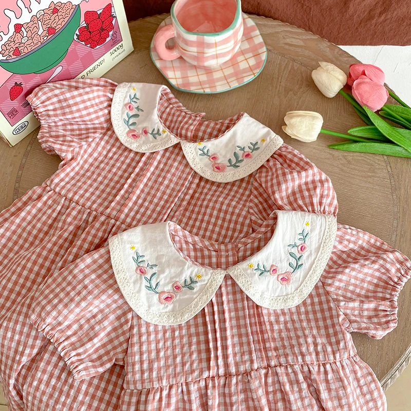 Kleinkind Baby Mädchen Grid Stickerei Kleider Sommer Mädchen Baby Romper Kleinkinder Baumwolle Kurzarm einteiliges Strampler – Detail 6